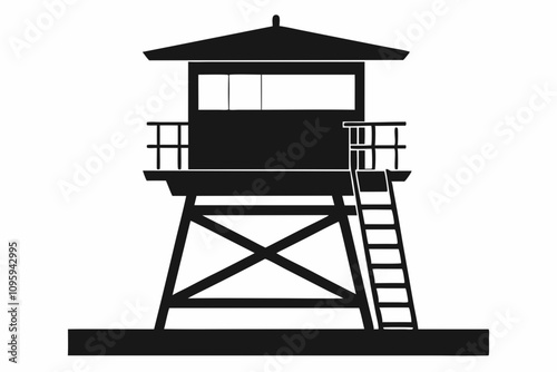 Lifeguard tower Silhouette vector, Safeguard tower black on a white background,Watchtower, Observation tower, Military camp tower | vector silhouette illustration on white background,camping tower.