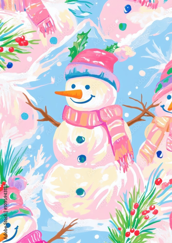 Seamless pattern of smiling snowmen in pink hats and scarves on a blue background with snowflakes and pine branches. Seamless pattern of smiling snowmen in pink hats and scarves on a blue background with snowflakes and pine branches.
