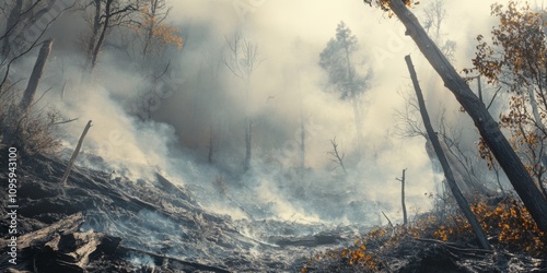 A desolate landscape after a forest fire. Smoke rises from the charred earth. Scorched trees stand as reminders of natures resilience. Ideal for environmental themes. AI photo