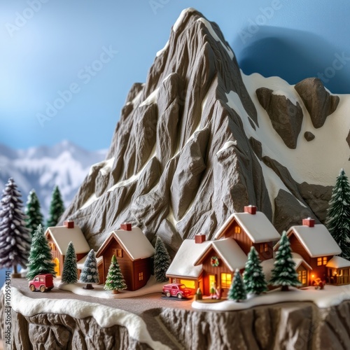 Idyllic snow-covered village nestled in a mountain range at Christmas. photo