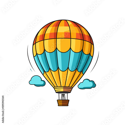 Colorful hot air balloon floating above fluffy clouds in a blue sky during a sunny day