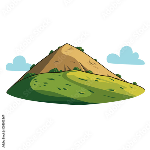 Vector art depicting a hill with green grass and bushes under a blue sky with clouds