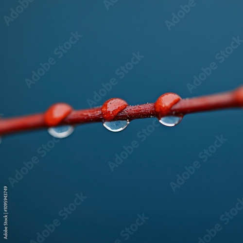 Dew drops on a red twig against a blue background. photo