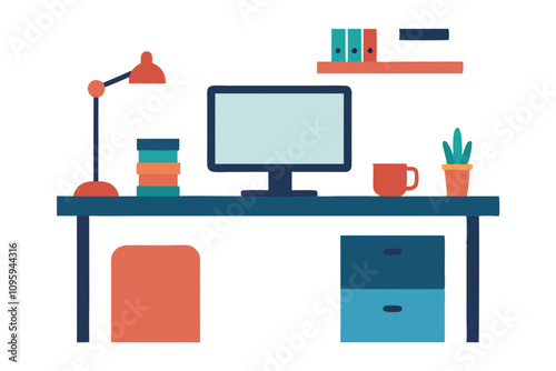 Office Desk with Computer | isolated silhouette vector illustration on white background