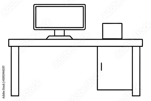 Office Desk with Computer | isolated silhouette vector illustration on white background