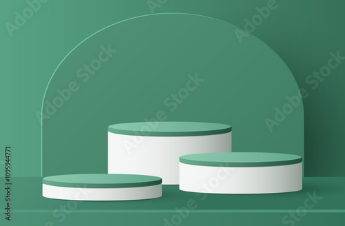 Paper cut of minimal scene with green cylinder podium on green background. Product presentation, mock up, show cosmetic. Vector illustration	