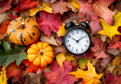 An alarm clock surrounded by autumn leaves, Fall back concept. photo