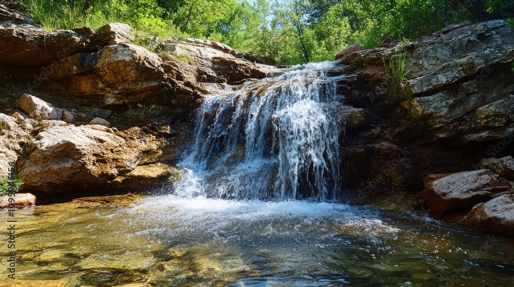 Fototapeta premium Serene waterfall cascading over rocks into a clear pool, surrounded by lush greenery.