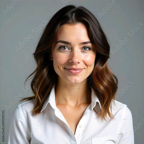 A Caucasian woman, 25 years of age, has brown hair with medium length and is wearing a white shirt against a gray background.