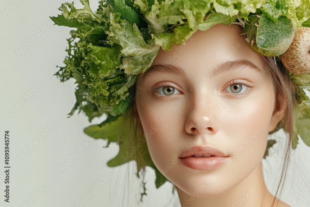 Beautiful young woman model with an artistic imaginative dressed with part of nature on light grey background Beautiful young woman model with an artistic imaginative dressed with part of nature on light grey background