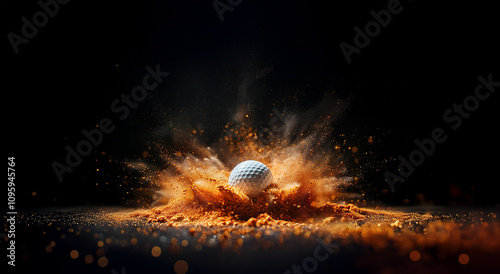 A high-speed shot of a golf ball exploding out of a sand trap. Perfect for sports and action-themed projects.