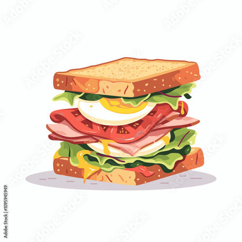 Delicious layered sandwich featuring ham, cheese, lettuce, tomato, and egg on toasted bread