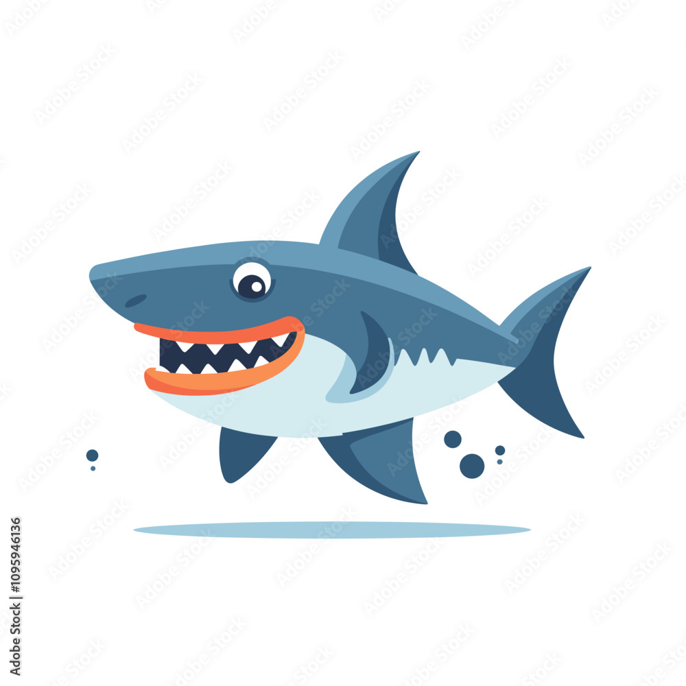 Fototapeta premium Cartoon shark swimming joyfully in the ocean with a playful expression and vibrant colors