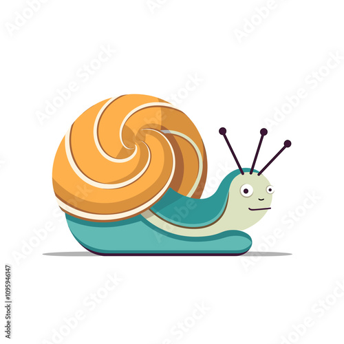 Cute cartoon snail with a spiral shell showcases vibrant colors and a friendly expression, perfect for children’s illustrations