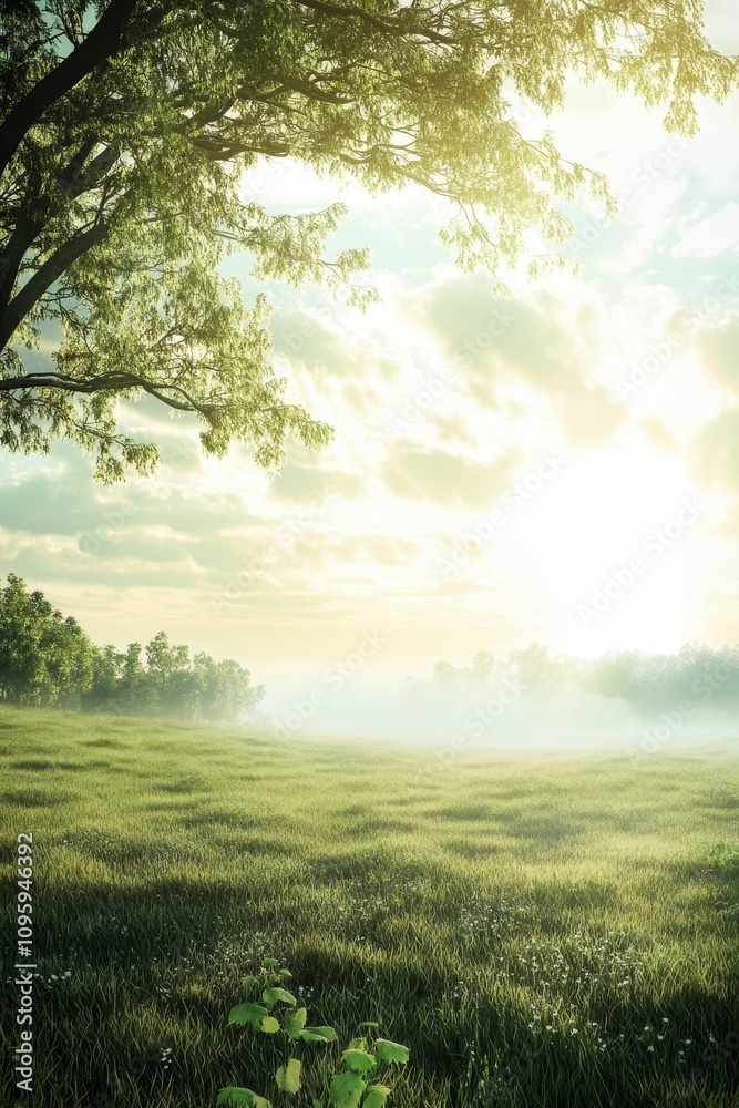 Serene sunrise, misty field, tree branches. Serene sunrise, misty field, tree branches.