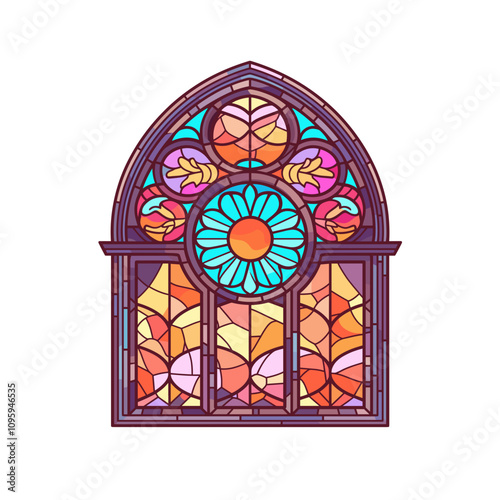 Colorful stained glass window depicting floral designs with vibrant shapes and patterns adding character to the architectural element