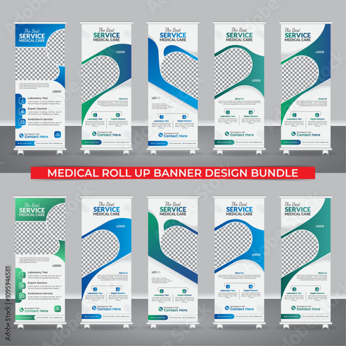 5 set package, ads banner, rollup ads, bundle set template design. For medical or Diagnostic Centre advertising, The best service Healthcare roll up banner 