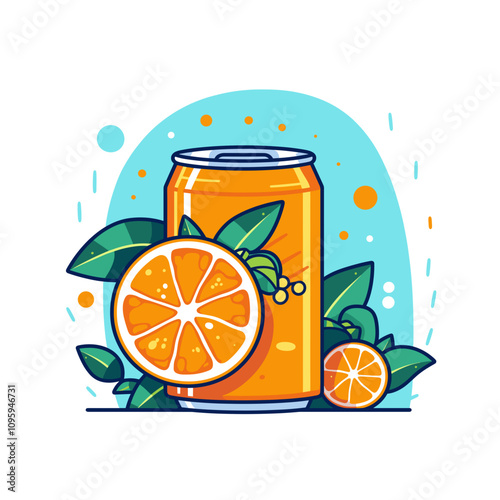 Refreshing orange soda can surrounded by vibrant citrus fruits and green leaves in a bright setting