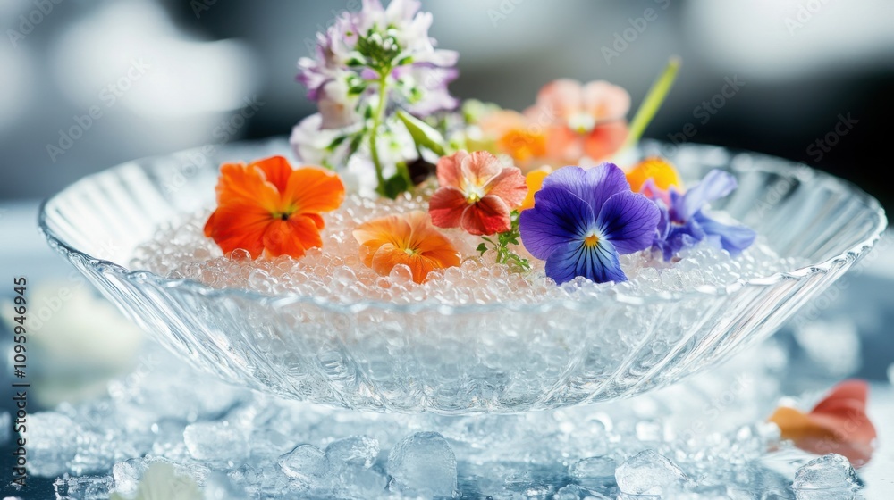 caviar served on a bed of ice with edible flowers, displayed on an elegant crystal dish caviar served on a bed of ice with edible flowers, displayed on an elegant crystal dish