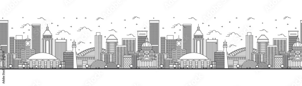 Naklejka premium Seamless pattern with outline Milwaukee Wisconsin City Skyline with Modern Buildings Isolated on White. Milwaukee USA Cityscape with Landmarks.