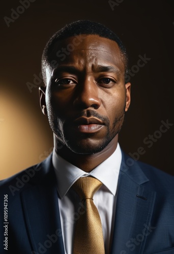 Overwhelmed black businessman feeling down after business meeting black businessman portrait Ultra realistic Photorealistic hyperdetailed photography soft light head and shoulders portrait cover