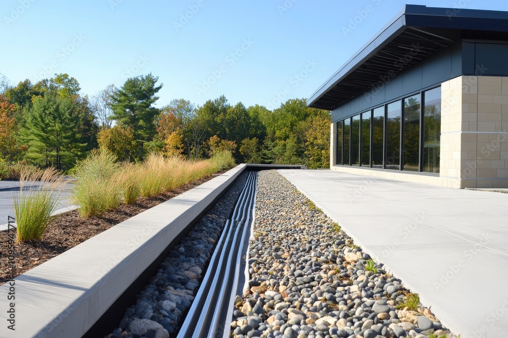 Fototapeta premium The roof of a commercial structure is equipped with a flexible polymer stormwater management system featuring an integrated rainwater harvesting gutter, designed for optimal drainage and sustainabilit