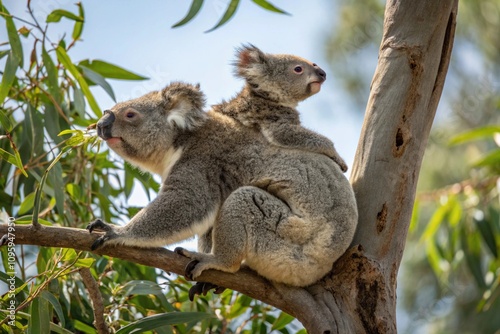 Mother koala with baby on her back