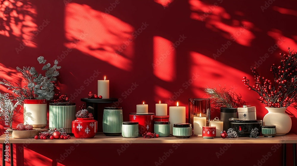 Festive Candles and Decorative Containers Adorn a Red Shelf Festive Candles and Decorative Containers Adorn a Red Shelf