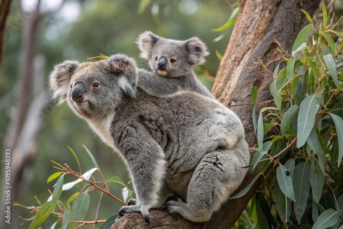 Mother koala with baby on her back