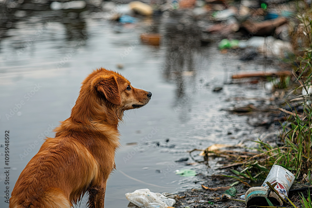 A dog standing near a polluted water body, with visible trash floating around A dog standing near a polluted water body, with visible trash floating around