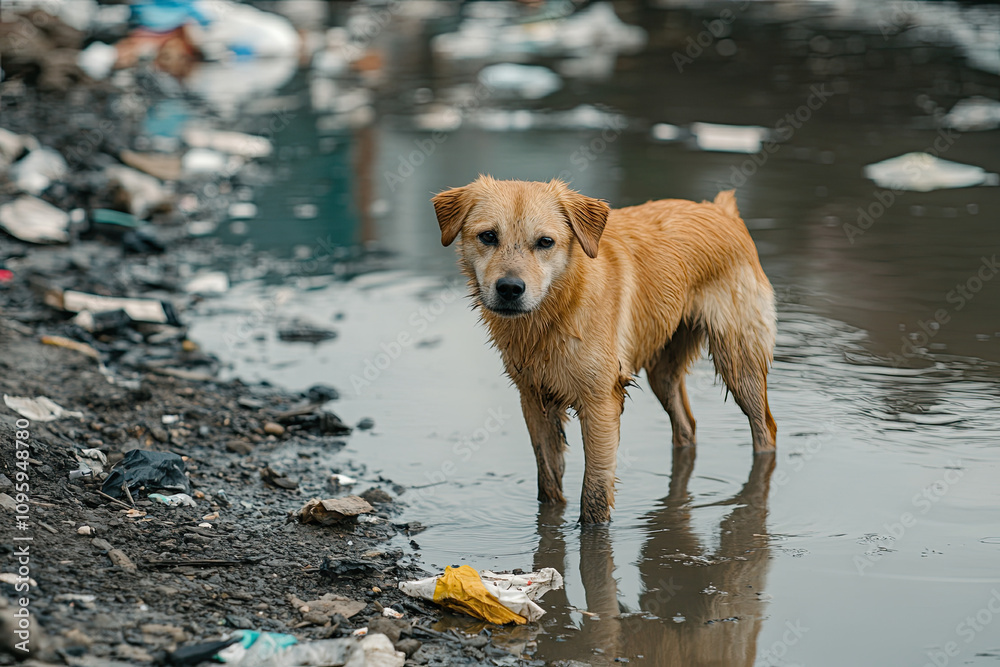 A dog standing near a polluted water body, with visible trash floating around A dog standing near a polluted water body, with visible trash floating around