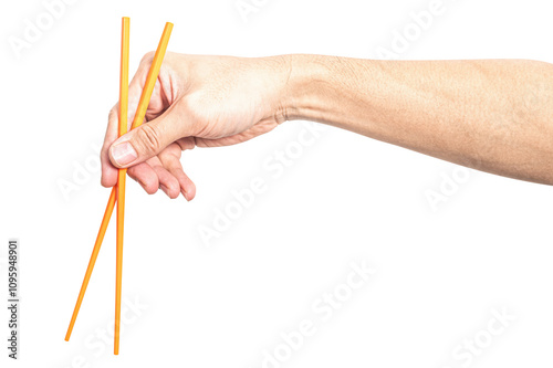 Male hand holding a orange plastic chopstick isolated on white background.