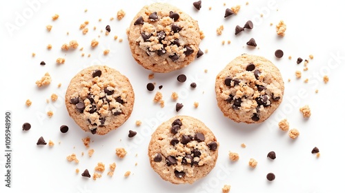 Chocolate chip cookies and crumble cracks on white background. Sweet biscuits delicious and crunchy homemade pastry.