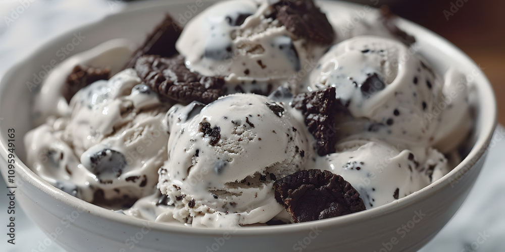Cookies and cream ice cream in a bowl with cookie chunks and garnish, a rich and delicious frozen dessert Cookies and cream ice cream in a bowl with cookie chunks and garnish, a rich and delicious frozen dessert