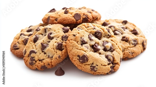 Chocolate chip cookies and crumble cracks on white background. Sweet biscuits delicious and crunchy homemade pastry.