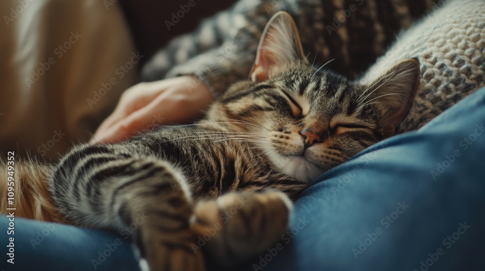 Tabby cat lying in her owner's lap and enjoying while being brushed and combed. Selective focus Tabby cat lying in her owner's lap and enjoying while being brushed and combed. Selective focus