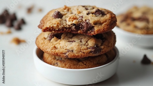 Chocolate chip cookies and crumble cracks on white background. Sweet biscuits delicious and crunchy homemade pastry.