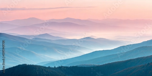 Serene panoramic landscape of soft rolling hills with pastel sunrise hues
 photo