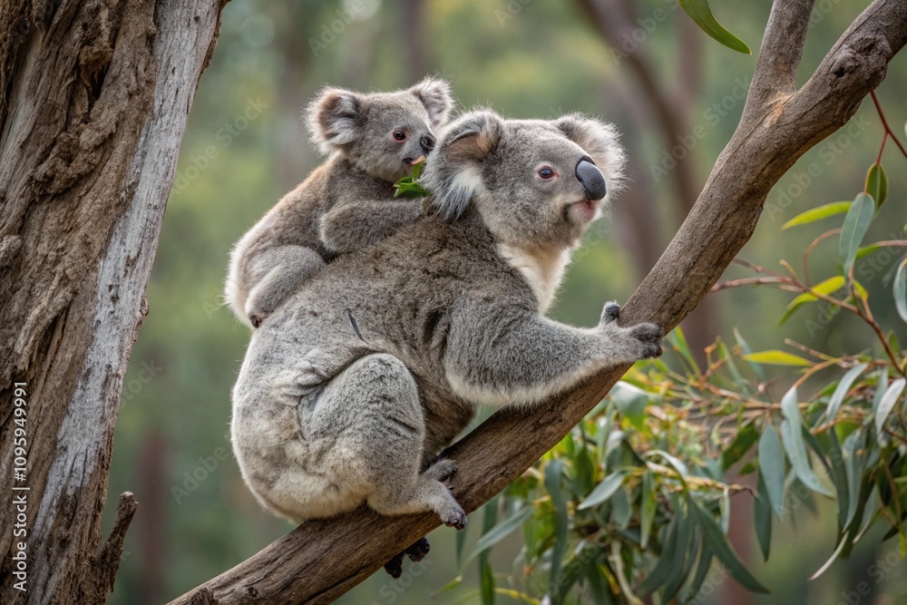Naklejka premium Mother koala with baby on her back