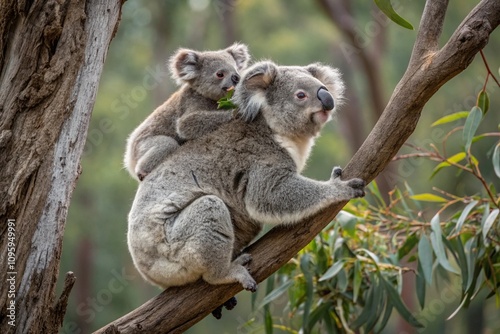 Mother koala with baby on her back photo