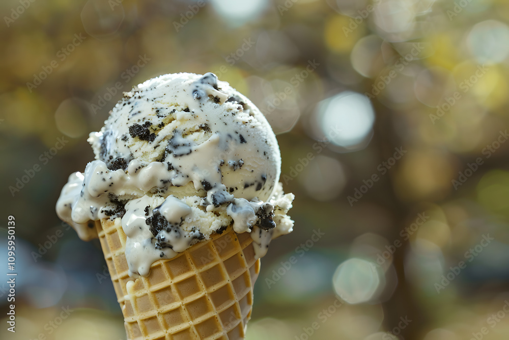 Delicious cookies and cream ice cream in waffle cone with cookie chunks in outdoor setting, a refreshing dessert Delicious cookies and cream ice cream in waffle cone with cookie chunks in outdoor setting, a refreshing dessert