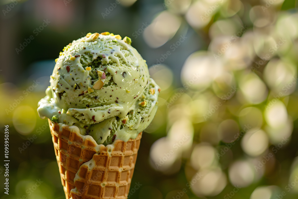 Pistachio ice cream in waffle cone with crushed pistachios in serene outdoor garden Pistachio ice cream in waffle cone with crushed pistachios in serene outdoor garden