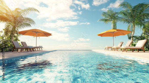Tranquil Beachside Pool With Palm Trees and Sun Loungers. A serene infinity pool by the beach  surrounded by palm trees and sun loungers. Perfect for a tropical escape and relaxation under the sun.