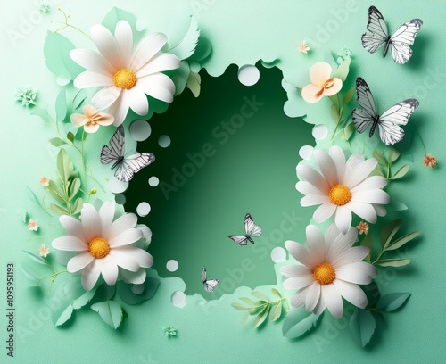 A 3D hole in the wall with green color holes, surrounded by flowers and butterflies