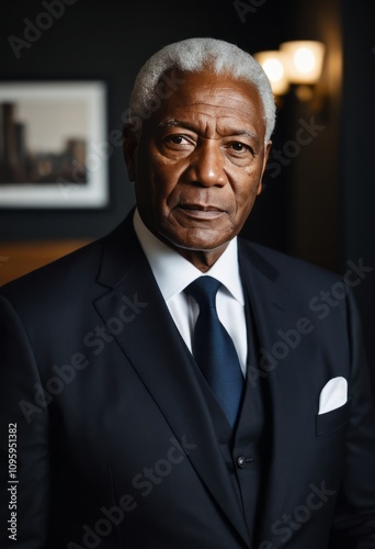 Elderly man, distinguished, formal suit, professional portrait, elegant lighting, sophisticated atmosphere, dark background, classic decor, mature gentleman, strong presence. 