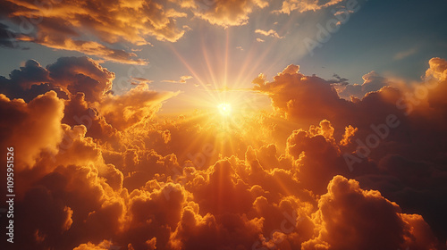 A breathtaking sunrise over a sea of golden clouds. Perfect for creating a peaceful and serene atmosphere.