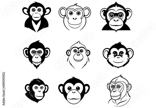 set of monkey face shapes silhouettes, vector illustrations of monkey black and white faces, simple illustrations of cartoon and realistic monkey faces photo