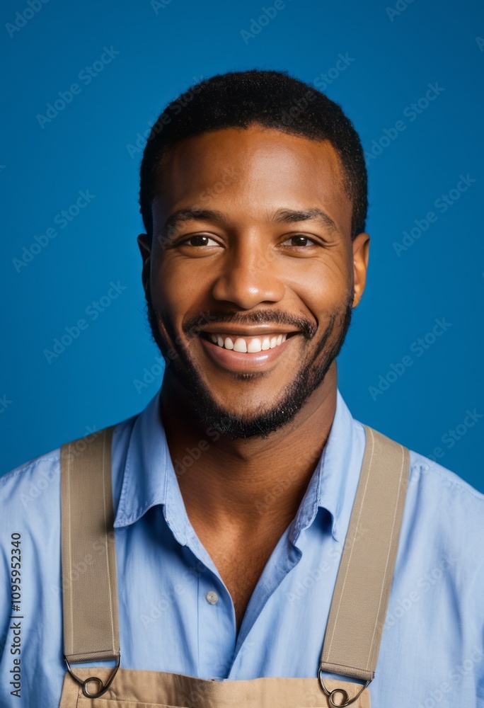 smiling man, blue shirt, beige apron, blue background, portrait, cheerful expression, studio lighting
smiling man, blue shirt, beige apron, blue background, portrait, cheerful expression, studio lighting