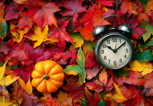 An alarm clock surrounded by autumn leaves, Fall back concept. photo