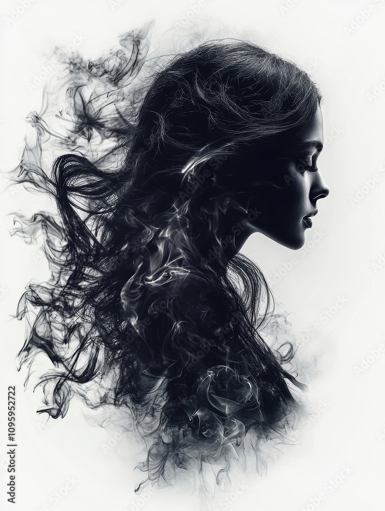 A woman's face emerges from a swirl of smoke, her profile in shadow. A woman's face emerges from a swirl of smoke, her profile in shadow.